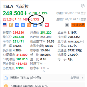 特斯拉美股盘前涨近6%