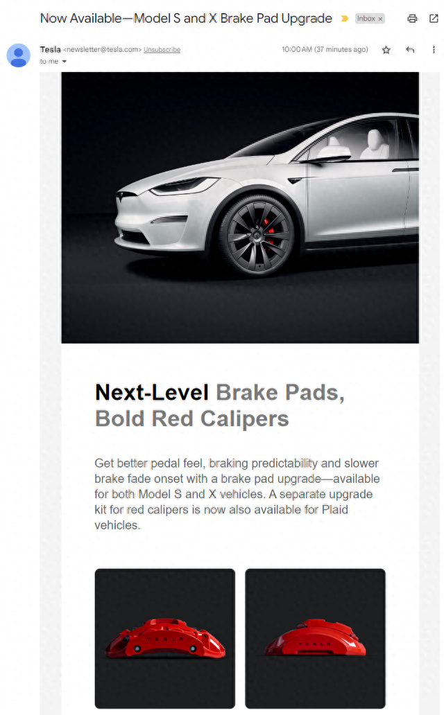 特斯拉Model S/X可升级版刹车片及卡钳，分别为750和2700美元