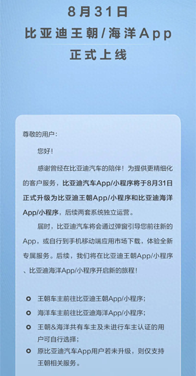 比亚迪汽车正式分“王朝”、“海洋”App运营